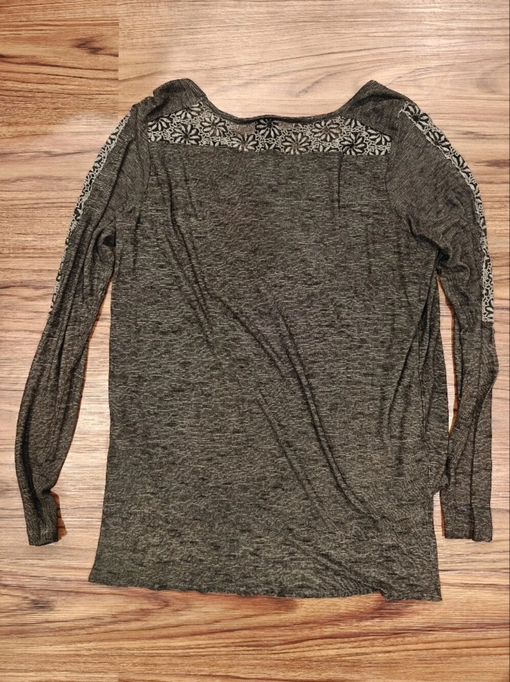 Free People New Romantics Black Beige Striped Lace Trim Long Sleeved Shirt